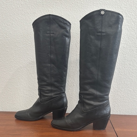 Frye Jolene Pull On Black Leather Boots Tall Heel Womens 7 - Picture 2 of 12